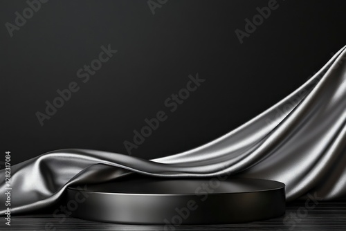 Black cylindrical podium draped with silver silk fabric on dark background.
