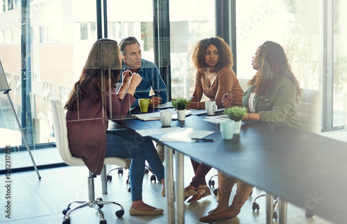 Tableau sur toile Boardroom, negotiation and people with documents, talking and collaboration for ideas in advertising agency
