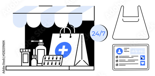 Pharmacy storefront with medicine bottles, blister packs, and sanitizer. Shopping bag with cross and 247 sign. Ideal for healthcare, online shopping, 247 services, medicine, convenience digital