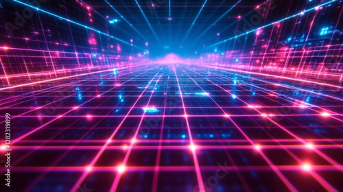 Wallpaper Mural Abstract Grid with Glowing Neon Lines in a Cyberpunk Technology Background Torontodigital.ca