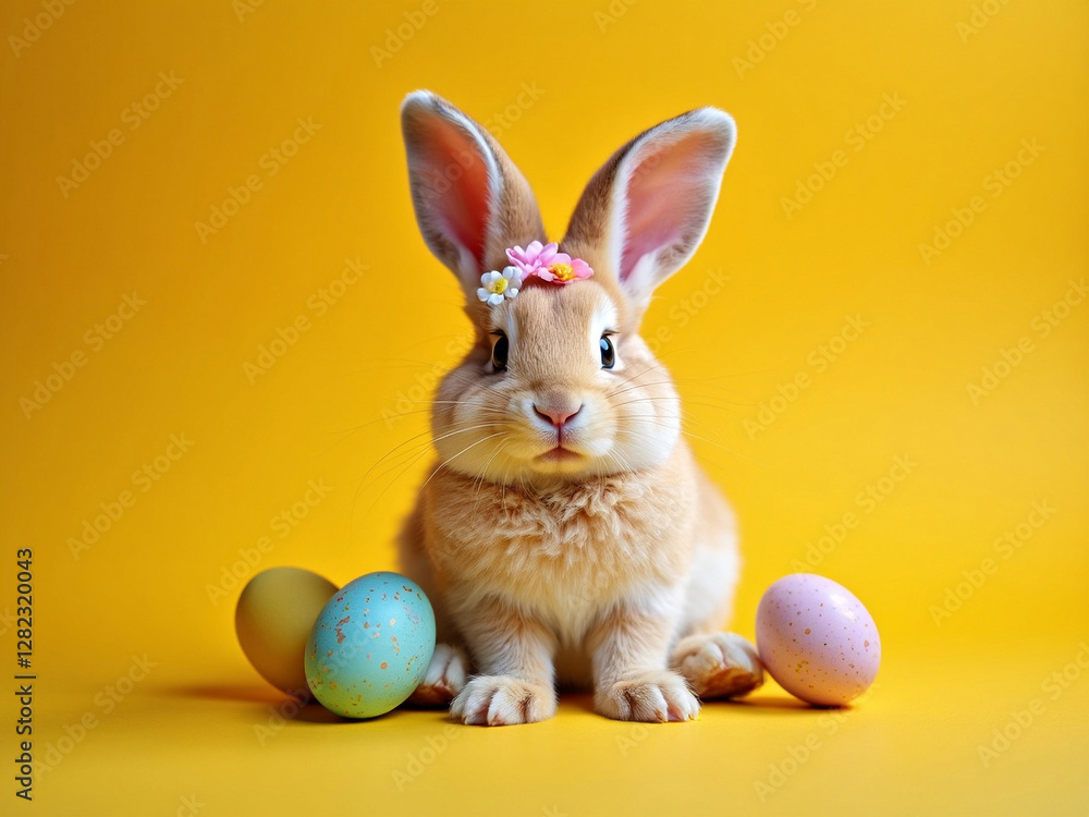 Fototapeta premium Adorable Fluffy Easter Bunny in a Festive Atmosphere with Soft Lighting and Realistic Details