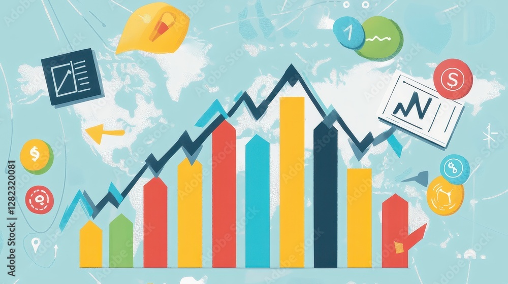 Fototapeta premium Investment growth bar chart flat design top view futuristic finance theme cartoon drawing colored pastel.