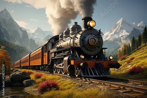 A classic steam locomotive chugging through a mountainous area photo