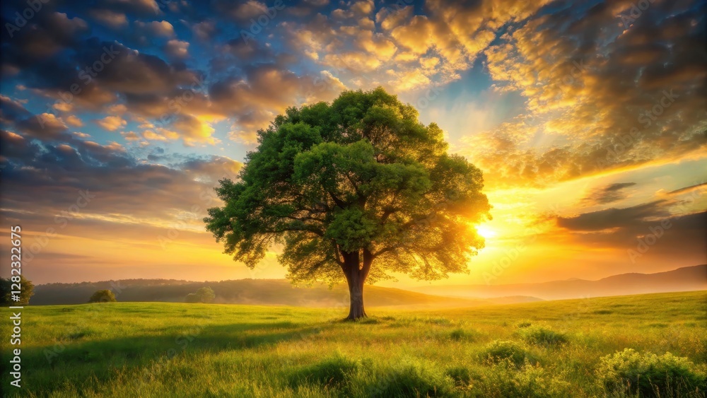 A lone tree stands tall amidst a lush green forest with golden hues in the fading light of day, as if kissed by a warm sunset , sunlight A lone tree stands tall amidst a lush green forest with golden hues in the fading light of day, as if kissed by a warm sunset , sunlight
