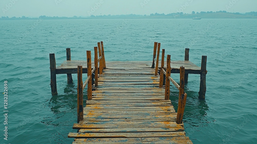 Aged wooden pier stretches into calm lake with hills in background; tranquility Aged wooden pier stretches into calm lake with hills in background; tranquility