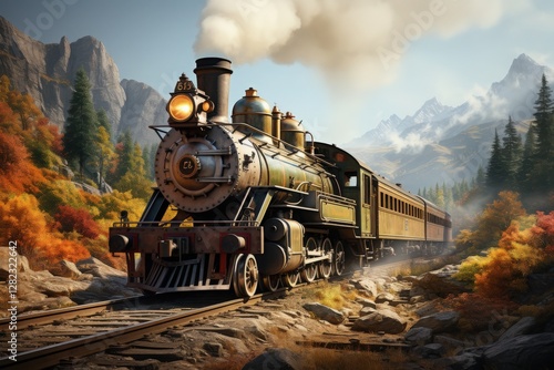 A classic steam locomotive chugging through a mountainous area photo