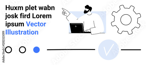 Man pointing while working on laptop, gear wheel symbolizing settings, check mark, toggle buttons, and circles in minimalist design. Ideal for business workflow, project management, tech settings