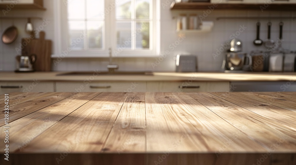 A wooden countertop with a window in the background A wooden countertop with a window in the background