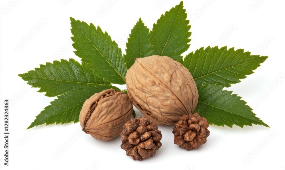 A close-up of walnuts and pine cones surrounded by green leaves on a white background A close-up of walnuts and pine cones surrounded by green leaves on a white background