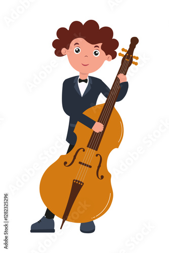 Boy playing double bass in formal attire during a music performance