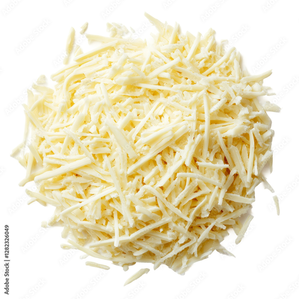 grated mozzarella cheese, top view in white background grated mozzarella cheese, top view in white background