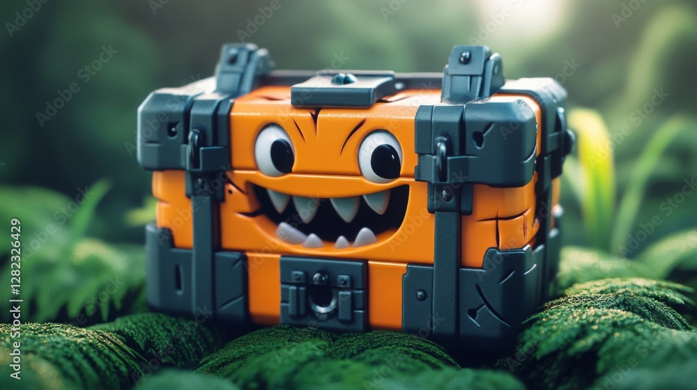 Fototapeta premium Orange Cartoon Chest with Facial Expression Displayed in a Lush Green Forest Setting
