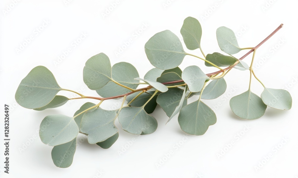 Obraz premium A close-up view of a eucalyptus branch with soft green leaves against a white background