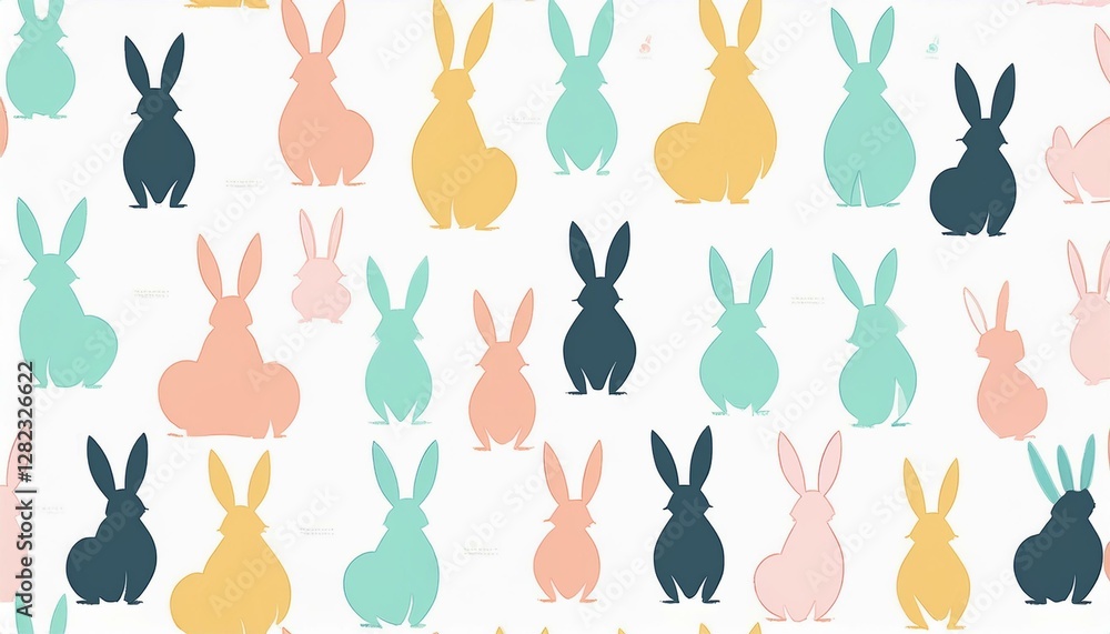 A seamless pattern featuring minimalist Easter bunny silhouettes in soft pastel colors on a white background, perfect for festive designs, spring themes, and elegant holiday decorations. A seamless pattern featuring minimalist Easter bunny silhouettes in soft pastel colors on a white background, perfect for festive designs, spring themes, and elegant holiday decorations.