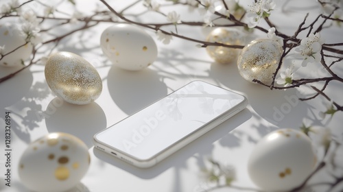 Easter still life composition of phone mockup with a white screen and space for text in the center of the composition near white and gold Easter eggs and flowering branches on white background.