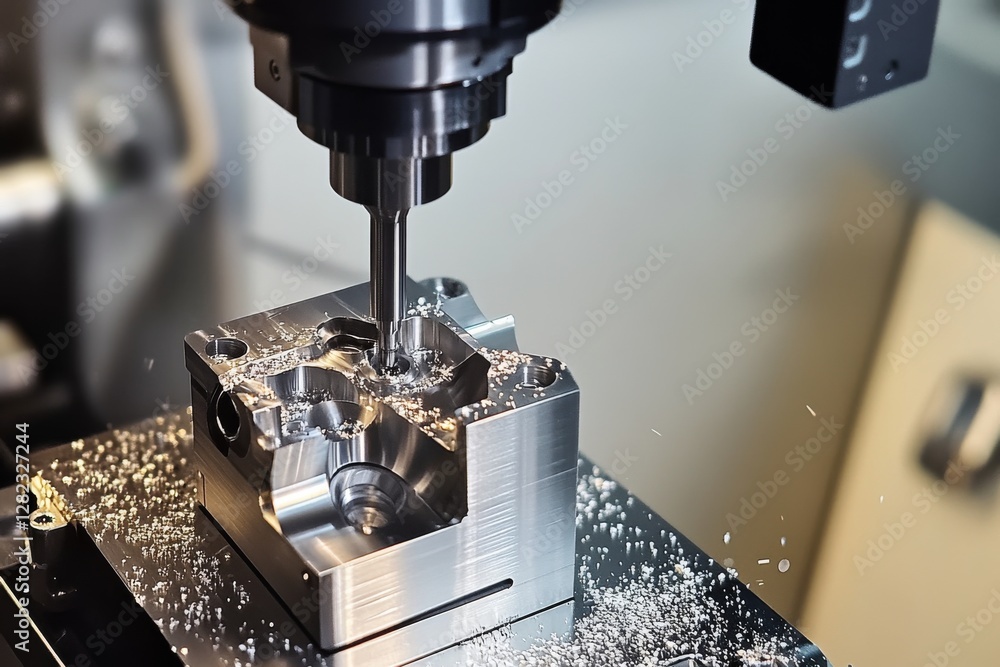 Modern milling machine making a metal detail at factory Modern milling machine making a metal detail at factory