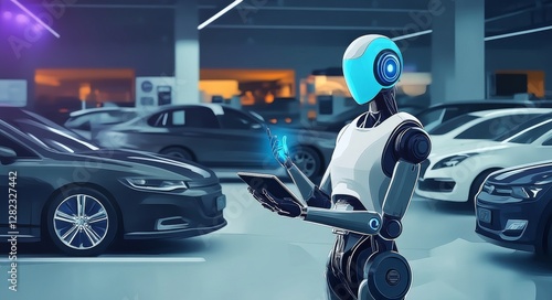 Robot working as a car salesman presenting vehicles in a futuristic dealership