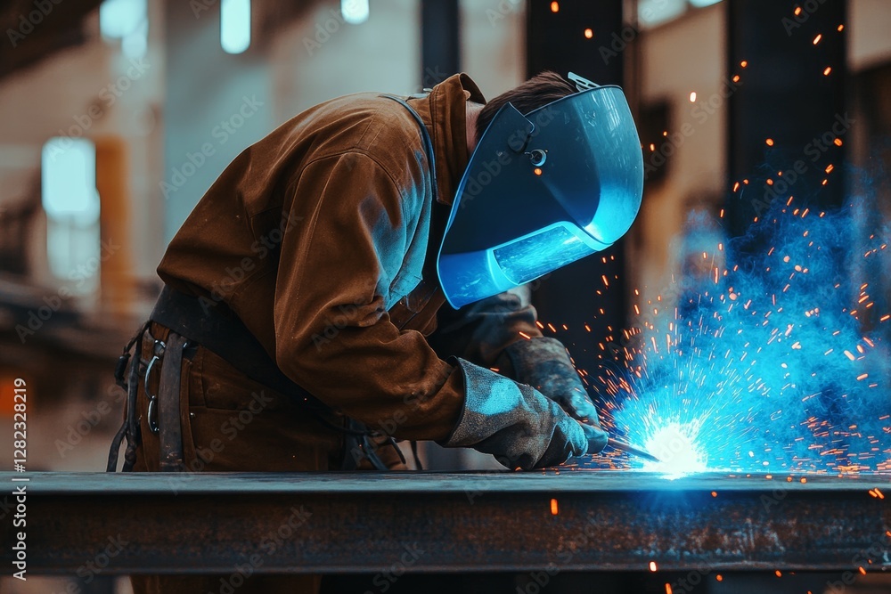 Industrial welder working on metal construction wearing protective mask in factory Industrial welder working on metal construction wearing protective mask in factory
