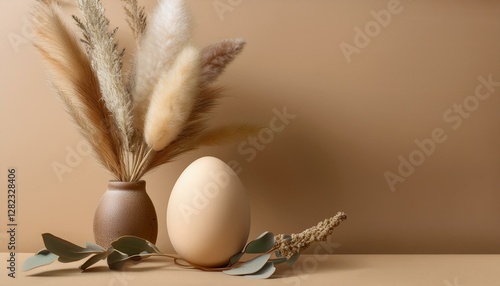 A warm beige background featuring a delicate arrangement of dried pampas grass, eucalyptus, and a single flower. A minimalist and elegant composition, perfect for branding, invitations, or decor.