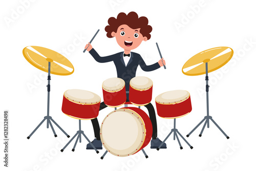 Young drummer enthusiastically plays drums at a lively music event