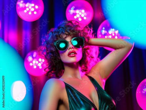 Disco An elegant woman with curly hair and futuristic sunglasses poses confidently on a neon-lit party stage. Vibrant pink, blue and purple lighting create a trendy nightlife atmosphere. Shiny balloon