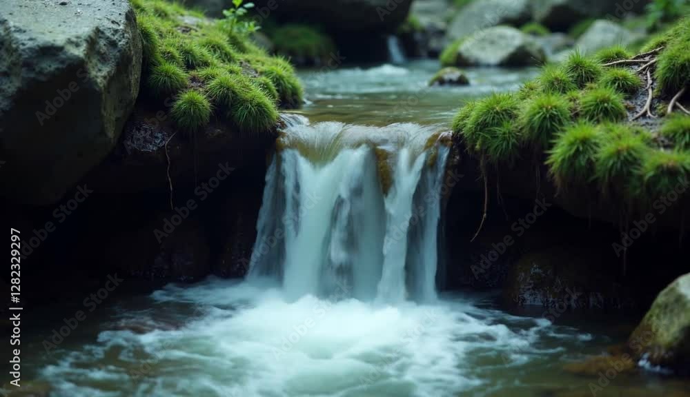 A close-up of a small waterfall cascading over moss-covered rocks, with silky water flowing in soft natural light, highlighting glistening droplets and the vibrant texture of the wet moss.
A close-up of a small waterfall cascading over moss-covered rocks, with silky water flowing in soft natural light, highlighting glistening droplets and the vibrant texture of the wet moss.