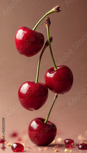 A dynamic scene of cherries bouncing off each other, capturing the playful movement and vibrant colors of the fruit. This lively composition highlights the freshness and joy of summer produce.