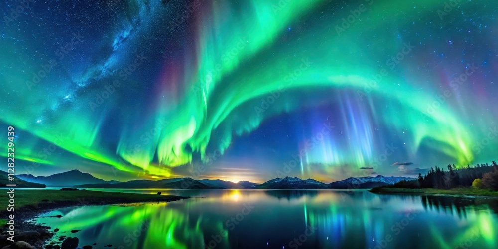 A breathtaking display of vibrant green and blue hues illuminates the night sky as the Aurora Borealis dances across the celestial canvas , atmospheric, spectral A breathtaking display of vibrant green and blue hues illuminates the night sky as the Aurora Borealis dances across the celestial canvas , atmospheric, spectral