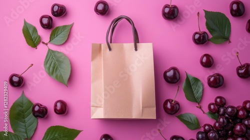 Brown Paper Shopping Bag Surrounded by Cherries on Pink Background