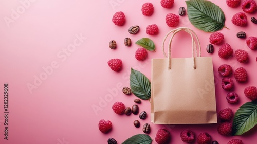 Brown Paper Shopping Bag with Raspberries and Coffee Beans on Pink Background