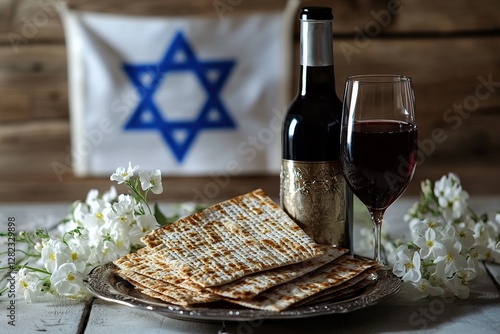 Passover Celebration concept. Matzah, wine, and white flowers arranged on a rustic table with the Star of David in the background. Perfect for Jewish cultural and religious themes. Generative AI photo