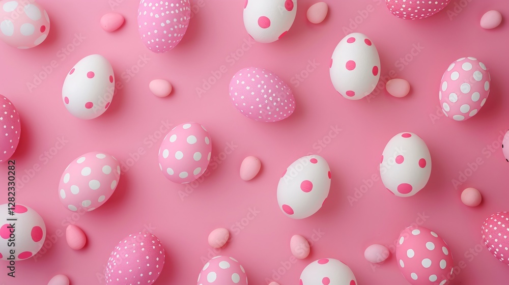 A pink background with a bunch of eggs with white spots on them A pink background with a bunch of eggs with white spots on them