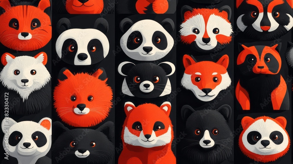 Animated faces of pandas foxes raccoons and bears in rows Animated faces of pandas foxes raccoons and bears in rows