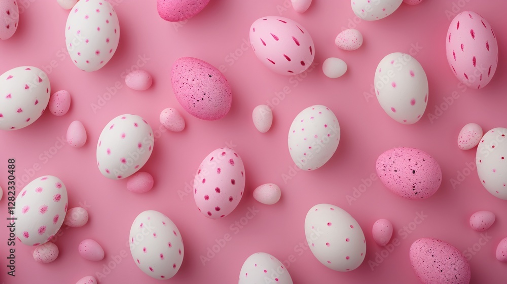 A pink background with a bunch of white and pink eggs A pink background with a bunch of white and pink eggs