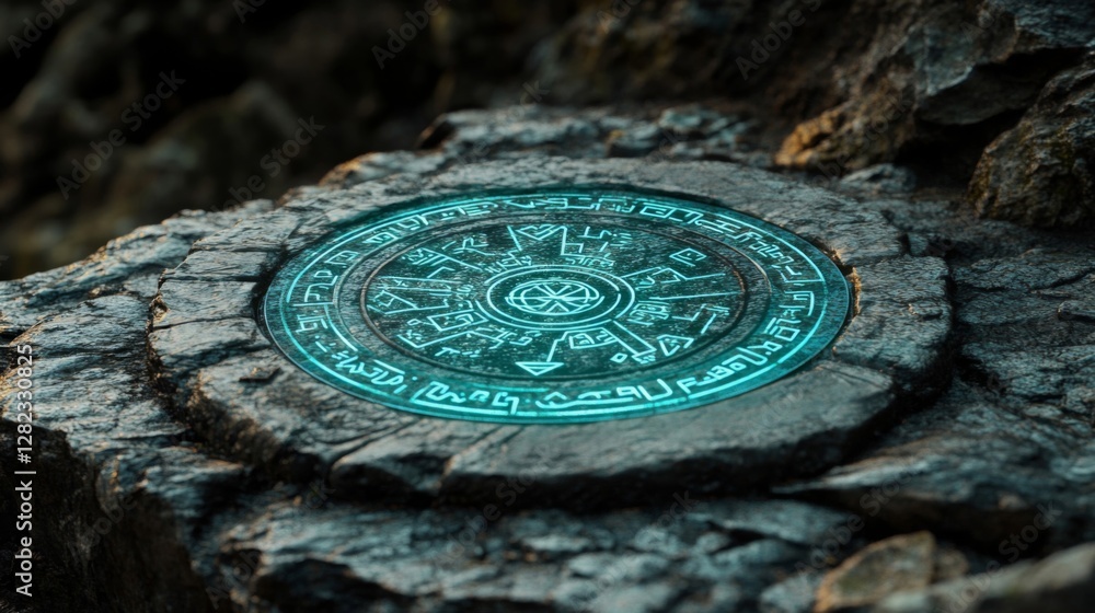 Obraz premium Close Up of Ancient Stone Artifact with Glowing Turquoise Inscriptions