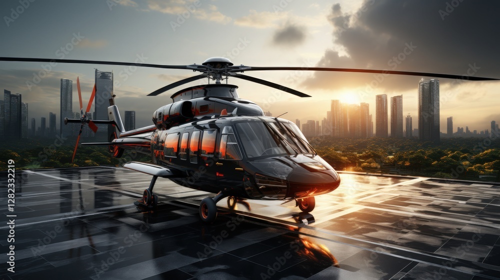 Fototapeta premium A helicopter landing on a helipad in a metropolitan area