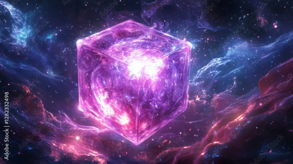 Abstract Purple Cube Floating in Deep Space with Nebula and Stars Background Abstract Purple Cube Floating in Deep Space with Nebula and Stars Background