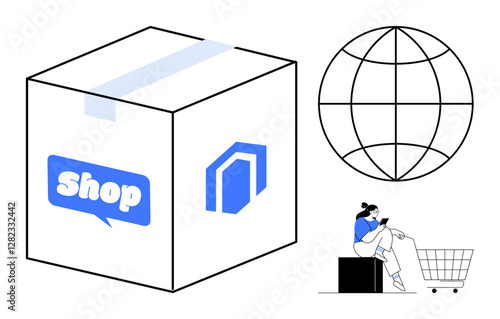 A package labeled with Shop, a world globe representing global reach, and a person sitting with a shopping cart depicting online shopping. Ideal for e-commerce, global markets, online shopping