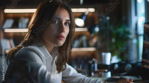 A woman is sitting at a desk with a computer