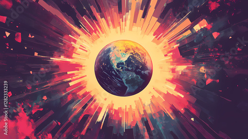 Fototapeta Naklejka Na Ścianę i Meble -  Global Vision: A vibrant and dynamic artistic interpretation of planet Earth, radiating with an energetic aura and conveying a sense of global interconnectedness and cosmic power. 