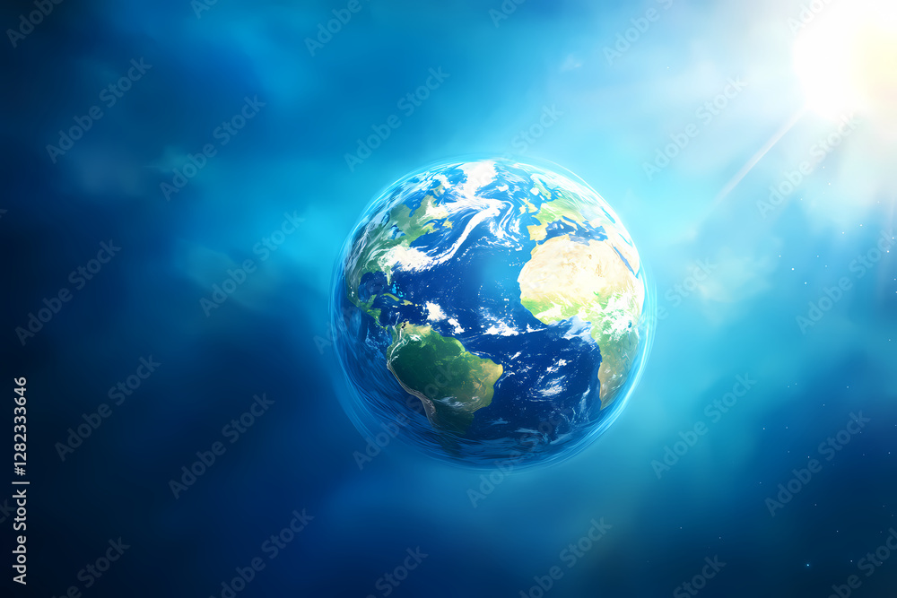 Earth in the Cosmos: A stunning image of planet Earth suspended in the vast expanse of space, with the sun's radiant glow illuminating its atmosphere. Earth in the Cosmos: A stunning image of planet Earth suspended in the vast expanse of space, with the sun's radiant glow illuminating its atmosphere.