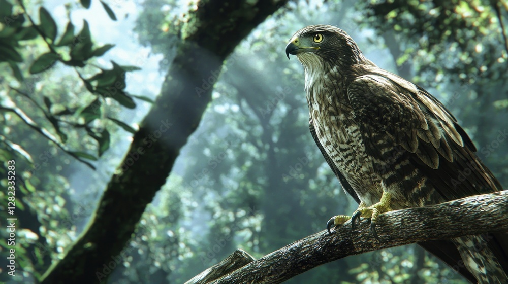 Majestic hawk perched on a branch in a misty forest, sunlight filtering through leaves. Majestic hawk perched on a branch in a misty forest, sunlight filtering through leaves.