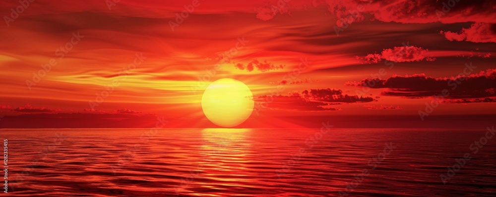 A red sun is in the sky over the ocean A red sun is in the sky over the ocean