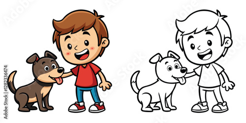 Coloring Book For Kids Printable. Kawaii Boy Playing With Dog Cartoon Isolated Design. Coloring Workbook For Preschool