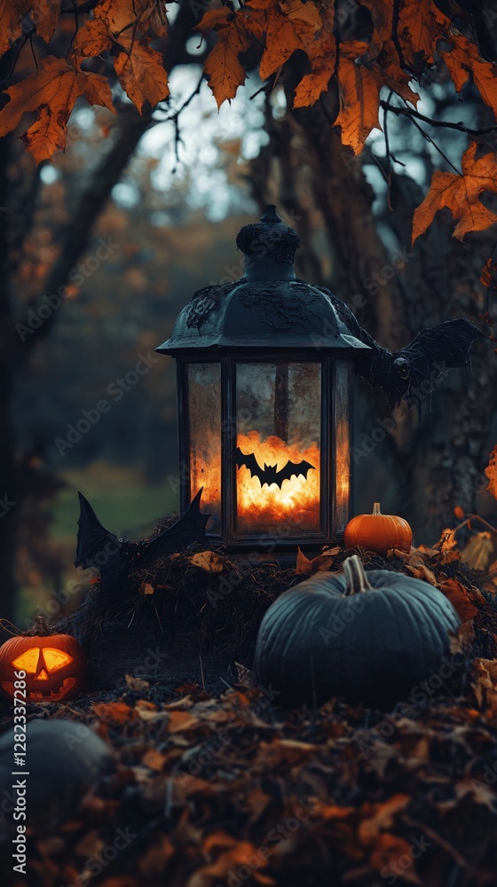 Obraz premium Halloween lantern illuminating the autumn forest floor with pumpkins