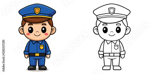 Coloring Page For Kids. Cute Little Police Coloring Workbook For Preschool. Cute Police Cartoon Character Vector Illustration