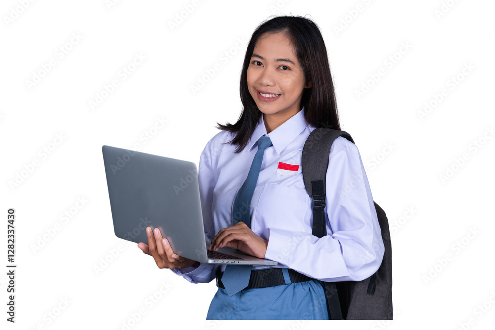 Indonesian Female High School Student in Uniform Smiling While Holding a Laptop Isolated Transparent Indonesian Female High School Student in Uniform Smiling While Holding a Laptop Isolated Transparent