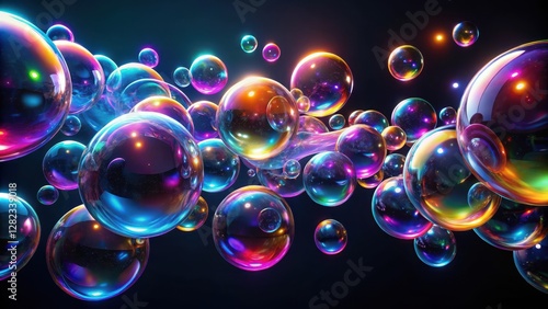 Swirling abstract neon bubbles suspended in mid-air against a dark