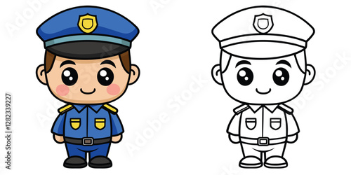 Cute Police Security Cartoon Coloring Page For Kids. Outline Police Coloring Workbook For Preschool. Cute Police In Uniform Cartoon Vector Illustration