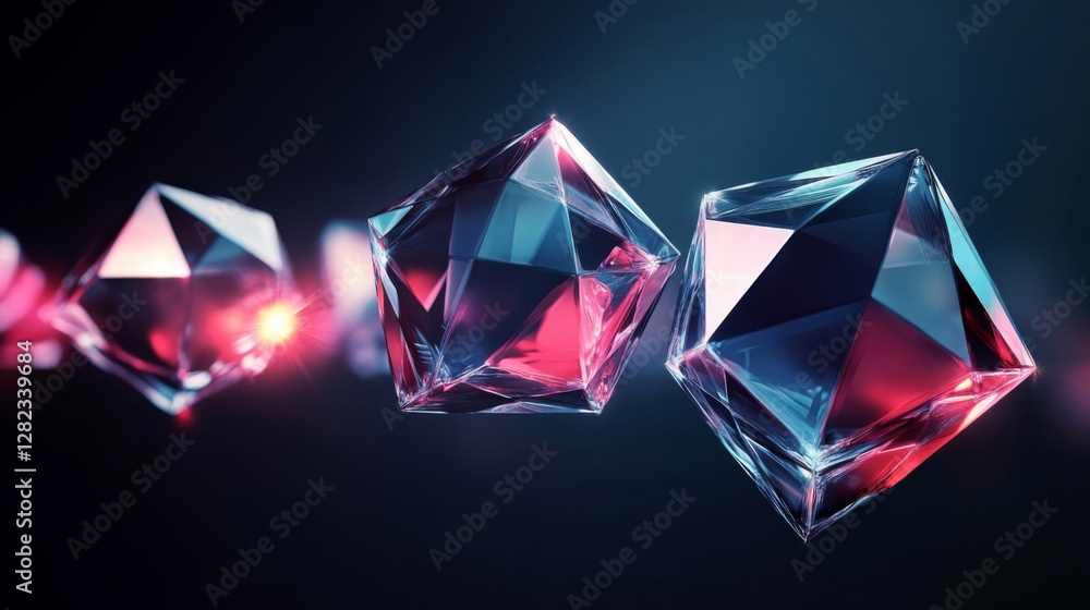 Geometric Crystals with Transparent Facets and Shimmering Lights Against a Dark Backdrop Geometric Crystals with Transparent Facets and Shimmering Lights Against a Dark Backdrop